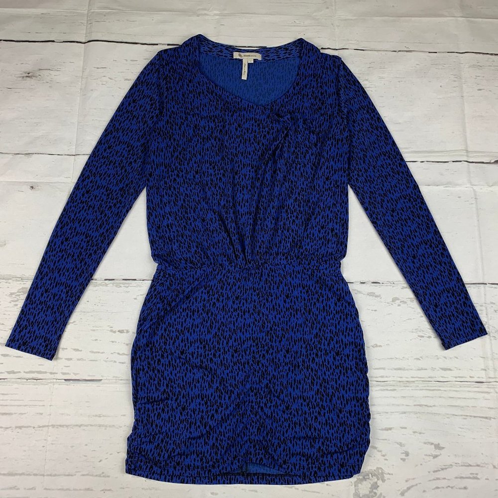 BCBGeneration womens S ultramarine blue black print long sleeve dress